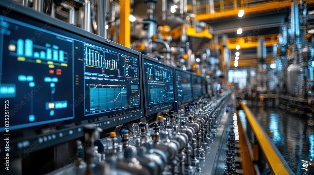 A row of computer monitors display data in a factory setting. A row of computer monitors display data in a factory setting.