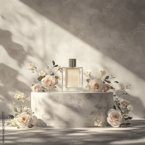 Minimalistic design of a pedestal with purfume bottle with elegant rose flowers. Podium of marble on beige background. Warm and diffused light. Perfect for design of product mockup. photo