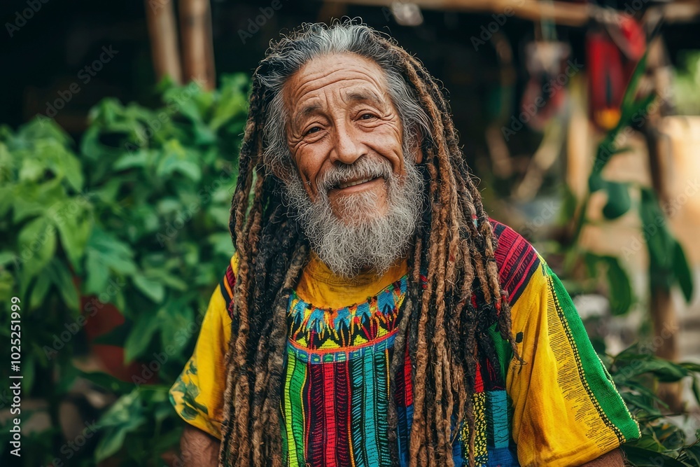 Obraz premium Portrait of a Smiling Elderly Man with Long Dreadlocks