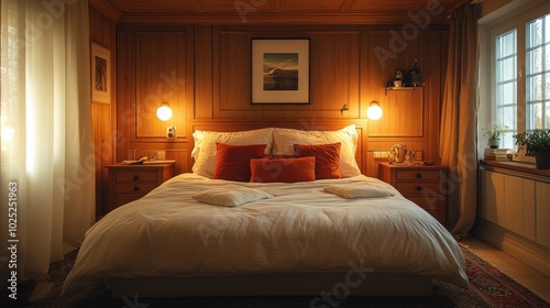 A cozy bedroom with a white duvet, red pillows, wooden walls, and a window with white curtains.