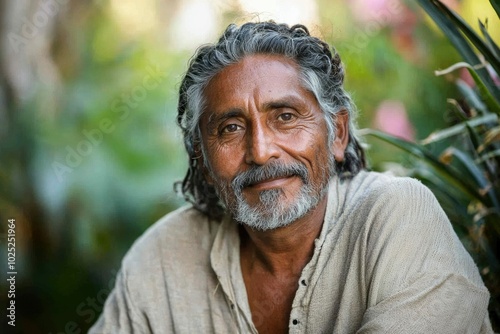 Portrait of a Smiling Elderly Man with Gray Hair and Beard