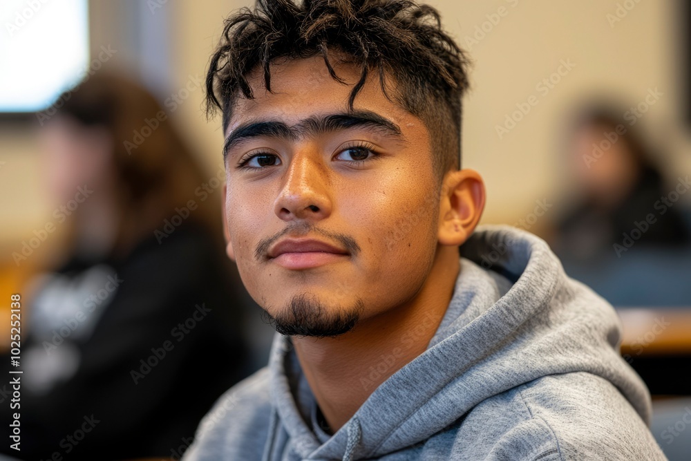 Fototapeta premium A young man with a goatee and a grey hoodie looks directly at the camera.
