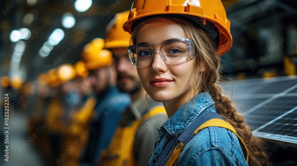 A female engineer wearing safety glasses and a hard hat smiles confidently while standing in front of a row of solar panels. A female engineer wearing safety glasses and a hard hat smiles confidently while standing in front of a row of solar panels.