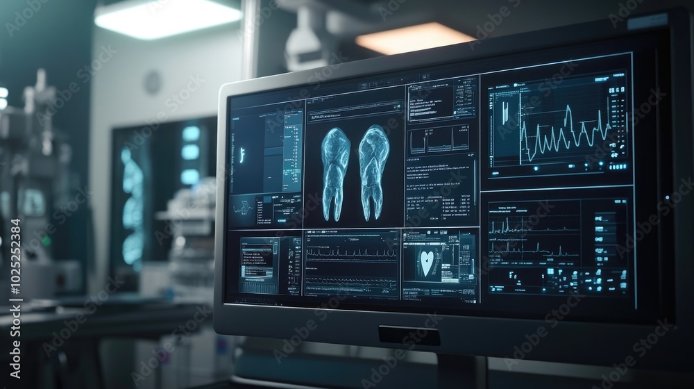 A sophisticated electronic medical record system displayed on a monitor A sophisticated electronic medical record system displayed on a monitor