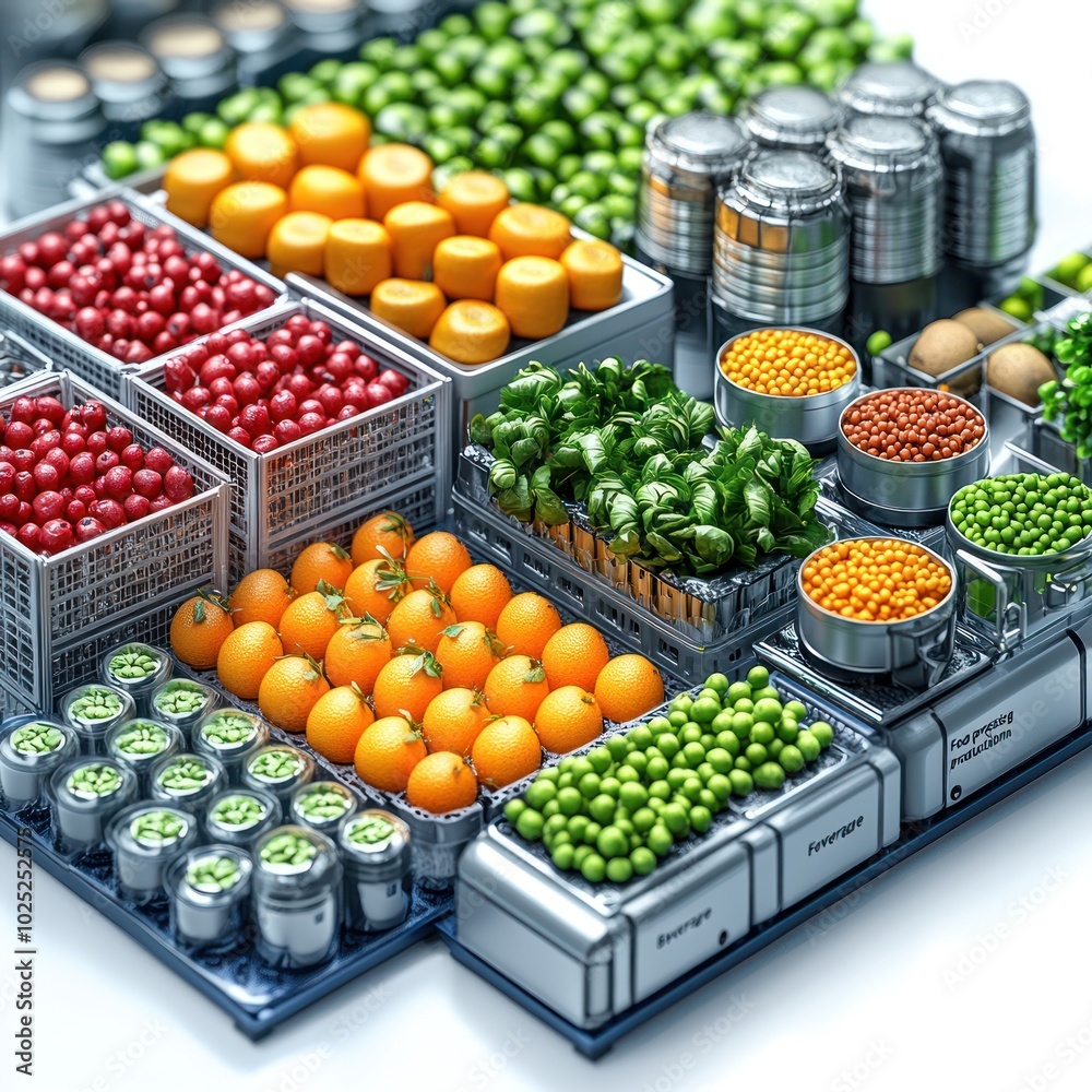 A variety of fresh and canned fruits and vegetables arranged on shelves. A variety of fresh and canned fruits and vegetables arranged on shelves.