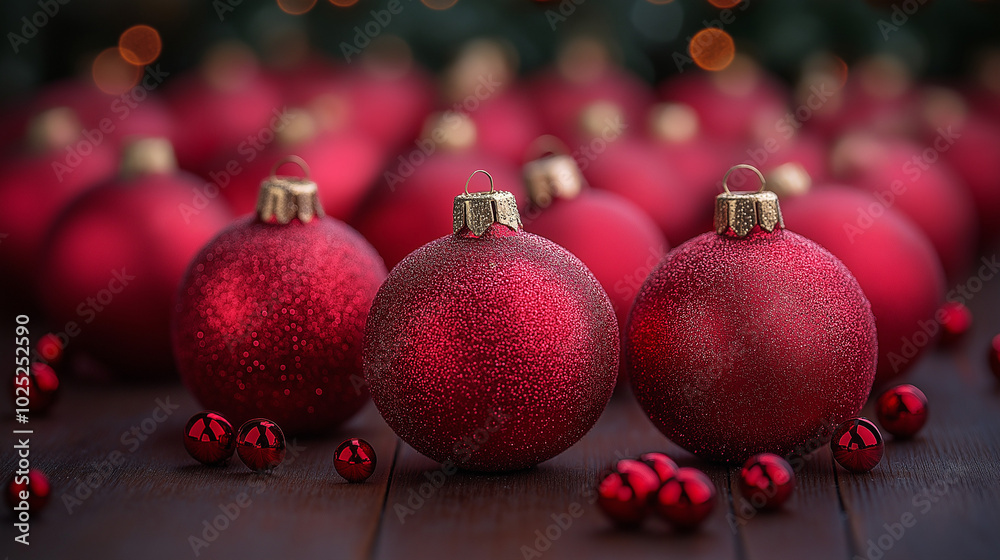 Christmas composition of Christmas tree toys on a blurred red background Christmas composition of Christmas tree toys on a blurred red background
