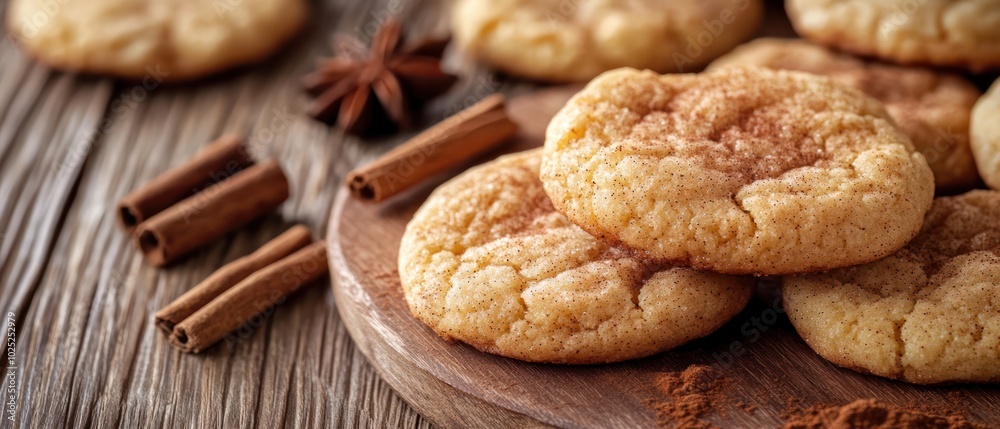 Close-up of cinnamon sugar cookies on a wooden cutting board. Close-up of cinnamon sugar cookies on a wooden cutting board.