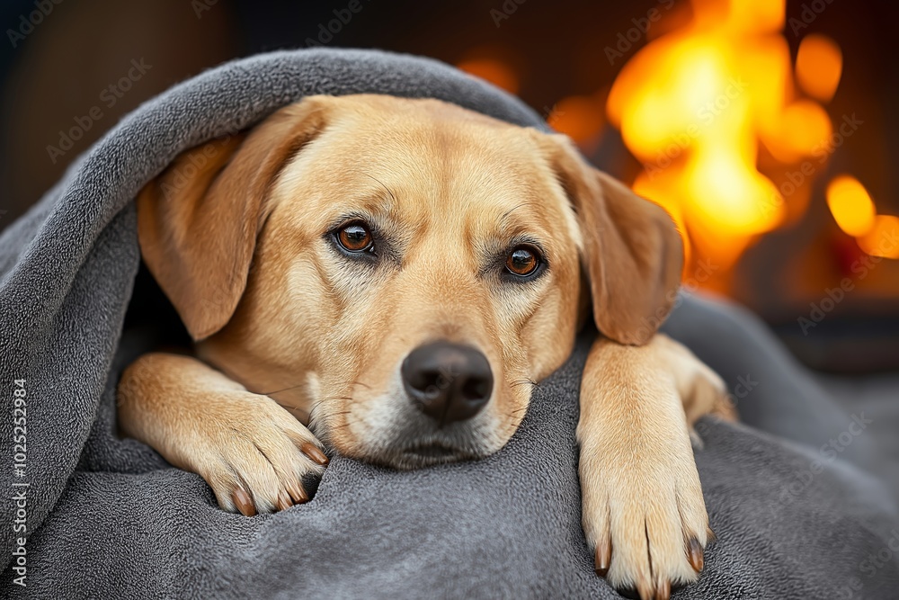 A dog snuggles under a warm blanket, enjoying the cozy comfort near a fire in a peaceful home scene. A dog snuggles under a warm blanket, enjoying the cozy comfort near a fire in a peaceful home scene.