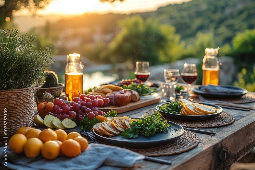 A rustic wooden table is set for a dinner party with a beautiful sunset in the background. There are plates, glasses, and a variety of food on the table. A rustic wooden table is set for a dinner party with a beautiful sunset in the background. There are plates, glasses, and a variety of food on the table.