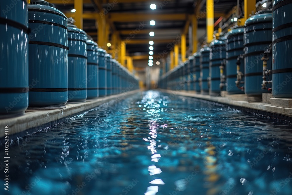 A long row of blue tanks with water flowing between them in a factory. A long row of blue tanks with water flowing between them in a factory.