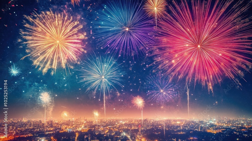 A stunning fireworks show creating a kaleidoscope of colors in a clear night sky over an urban area A stunning fireworks show creating a kaleidoscope of colors in a clear night sky over an urban area