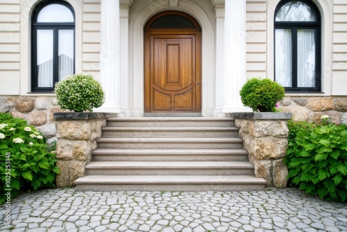 Elegant Front Door with Arched Top and Wood Trim