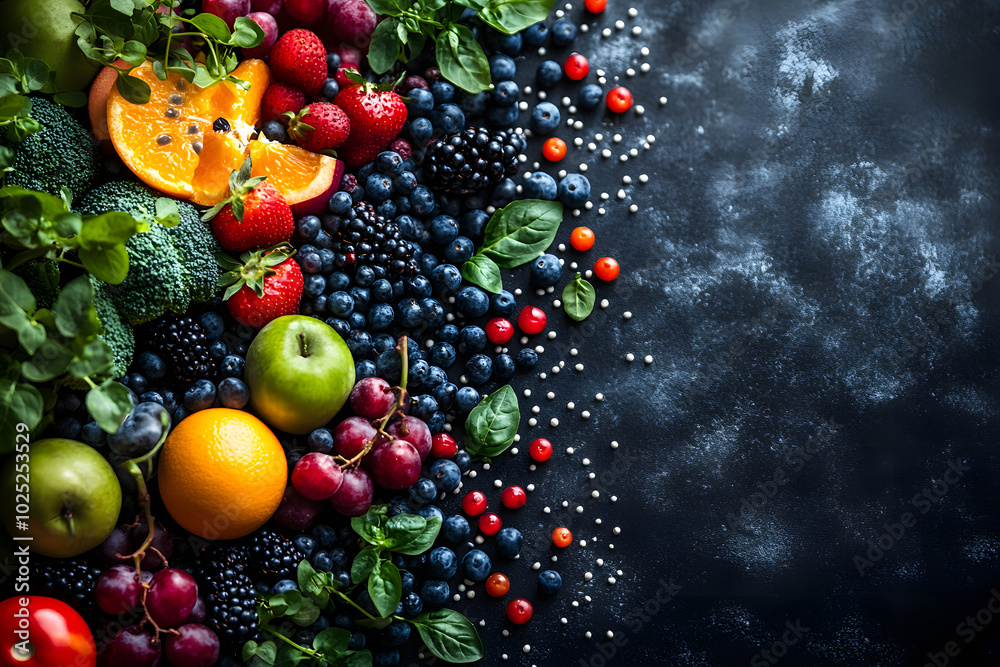 A vibrant composition of fresh fruits and leafy greens on a dark textured background, featuring oranges, blackberries, blueberries, currants, and microgreens, evoking a healthy and organic lifestyle.
A vibrant composition of fresh fruits and leafy greens on a dark textured background, featuring oranges, blackberries, blueberries, currants, and microgreens, evoking a healthy and organic lifestyle.