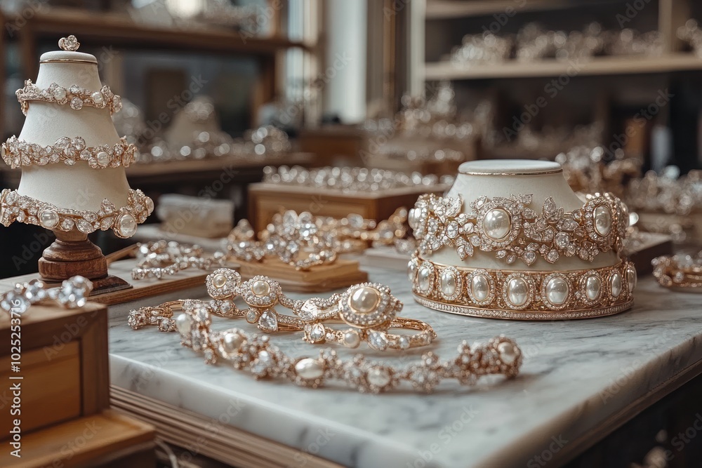 A close-up of a display of beautiful, delicate, and elegant pearl and crystal jewelry in a shop. A close-up of a display of beautiful, delicate, and elegant pearl and crystal jewelry in a shop.