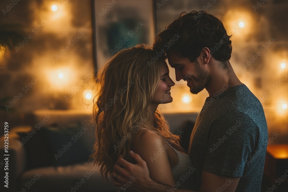 Couple Embracing with Warm Lights in the Background Couple Embracing with Warm Lights in the Background