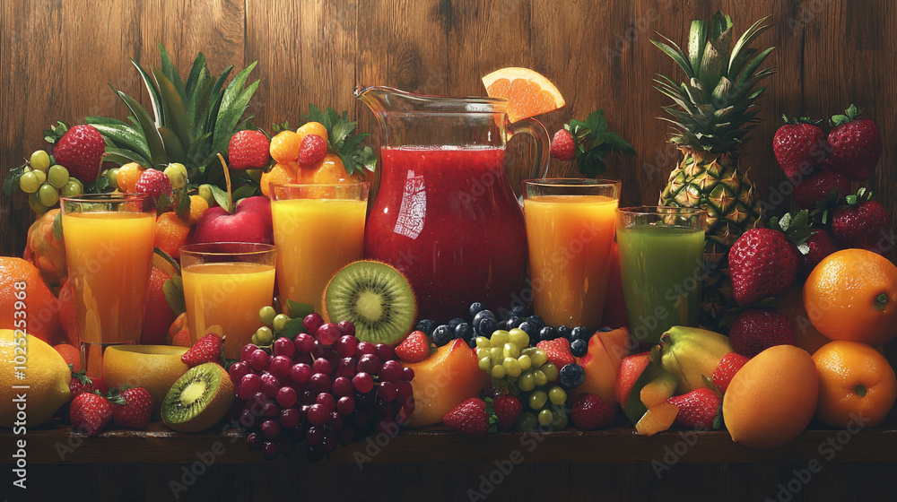 Fresh Fruit Juice Drinks Variety Assortment Healthy Lifestyle
