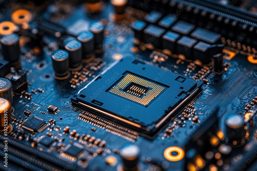 Close-up of a computer processor chip on a circuit board. Close-up of a computer processor chip on a circuit board.