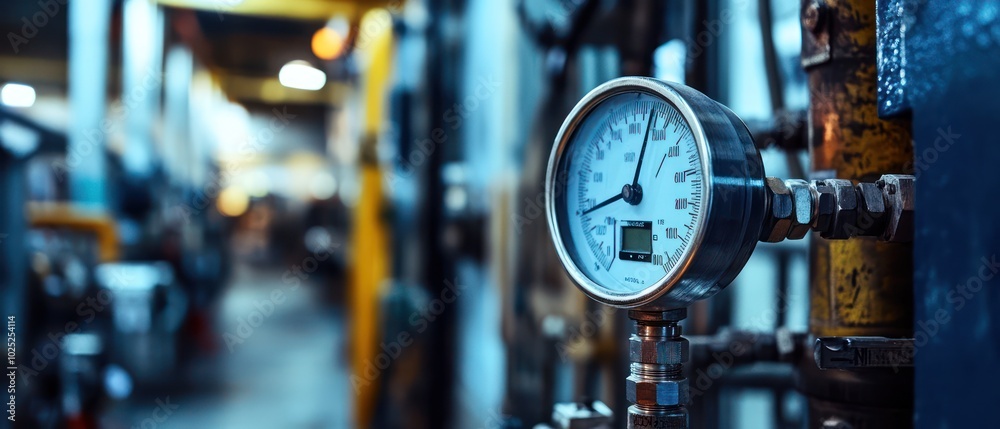 Close-up of a pressure gauge in a factory setting. Close-up of a pressure gauge in a factory setting.