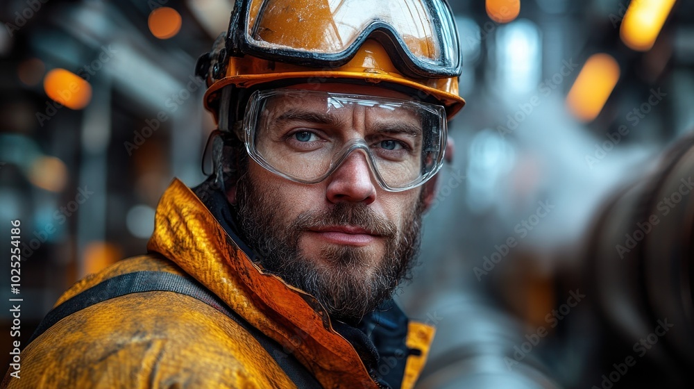 Close up portrait of an industrial worker in a yellow protective suit, helmet and goggles, looking at the camera. Close up portrait of an industrial worker in a yellow protective suit, helmet and goggles, looking at the camera.