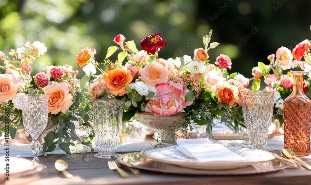 close up of wedding reception table setting with flower arrangements close up of wedding reception table setting with flower arrangements