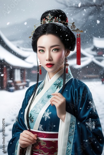 Digital art of a young Asian woman in traditional Chinese attire, snowy background photo