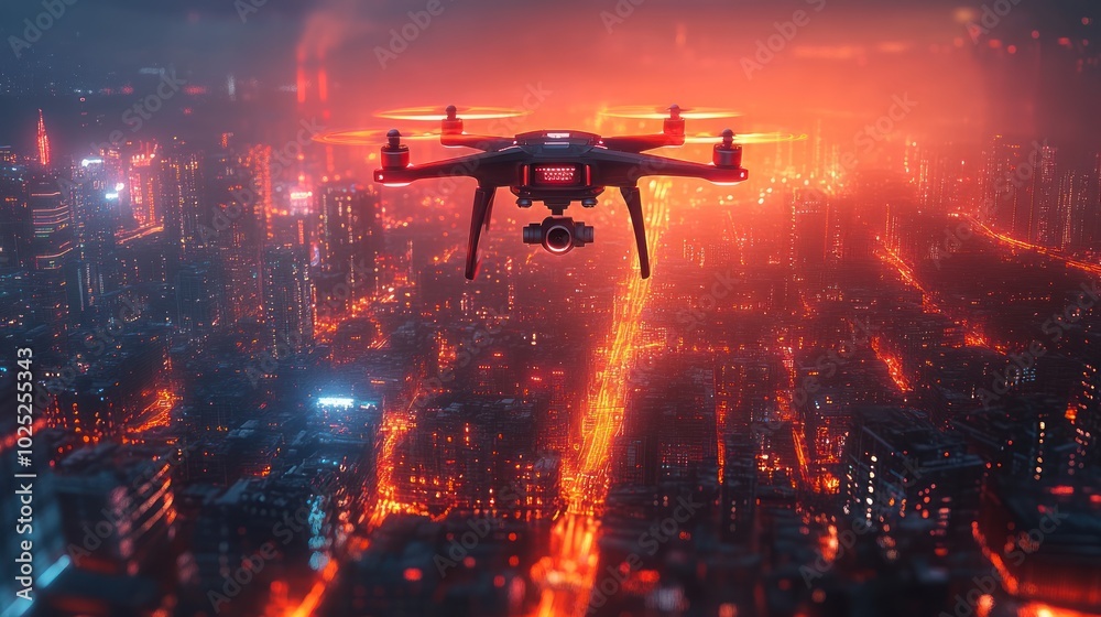 A black drone with a camera flies over a glowing futuristic cityscape with red lights. A black drone with a camera flies over a glowing futuristic cityscape with red lights.