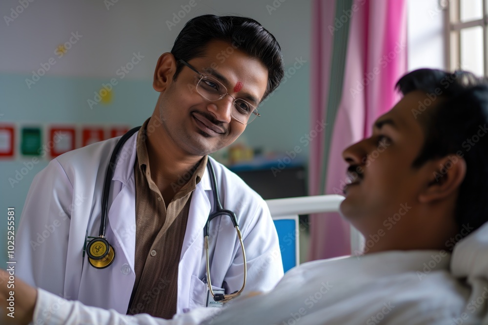Doctor in white coat with stethoscope consults patient on hospital bed. Conversation, discussion, focused, calm, pro atmosphere. Indian doctor, young, elderly patient, check-up, meeting, appointment, Doctor in white coat with stethoscope consults patient on hospital bed. Conversation, discussion, focused, calm, pro atmosphere. Indian doctor, young, elderly patient, check-up, meeting, appointment,