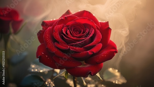 Close-up of fresh red rose, focused on delicate petals, no people visible photo