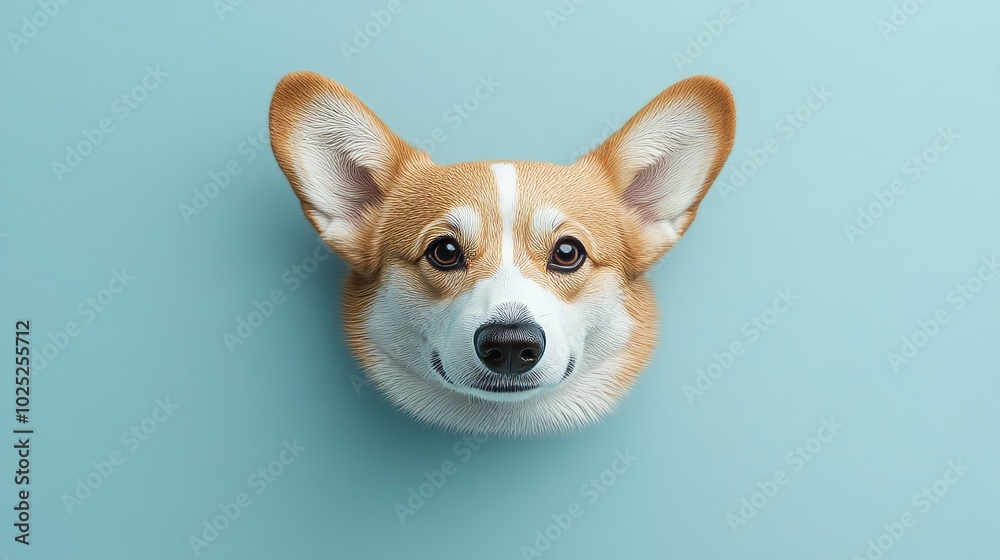 A curious corgi dog peeks out of a blue background. A curious corgi dog peeks out of a blue background.