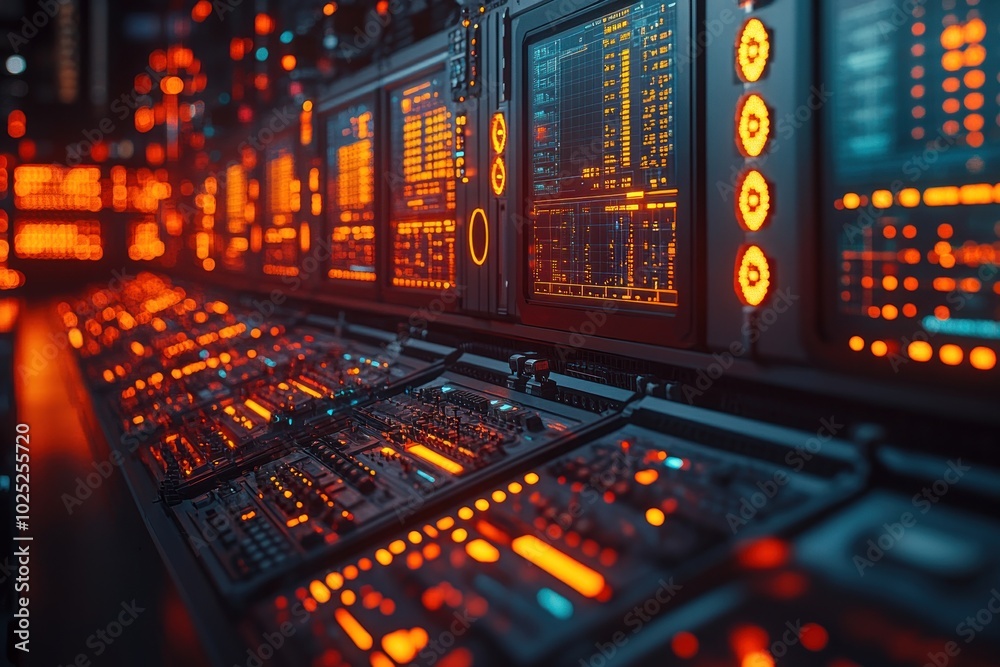 A futuristic control room with glowing screens, buttons, and switches. A futuristic control room with glowing screens, buttons, and switches.