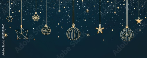 Elegant Christmas card template with hanging gold decorations and festive starry background photo