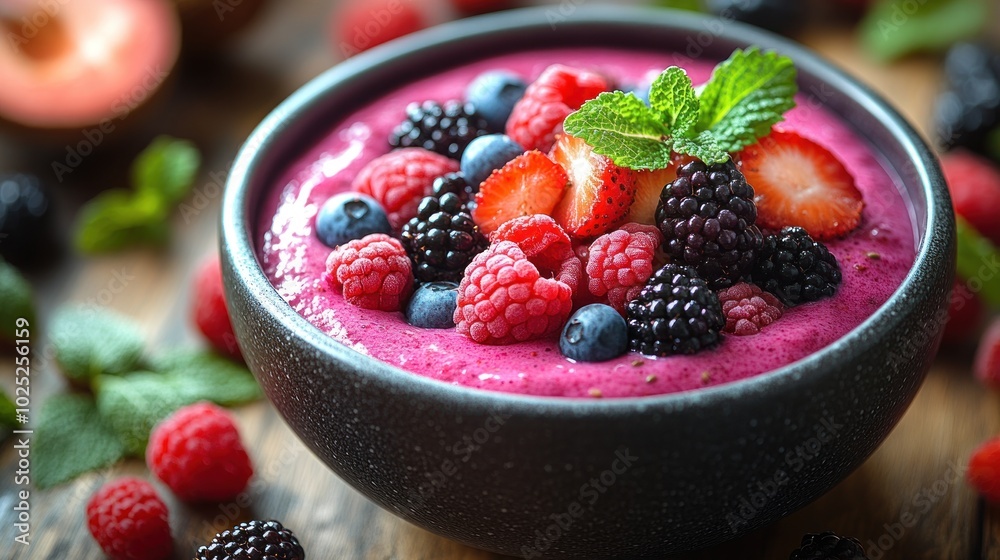 A bowl of pink smoothie topped with fresh berries, raspberries, blueberries, blackberries, and strawberries, with mint leaves. A bowl of pink smoothie topped with fresh berries, raspberries, blueberries, blackberries, and strawberries, with mint leaves.