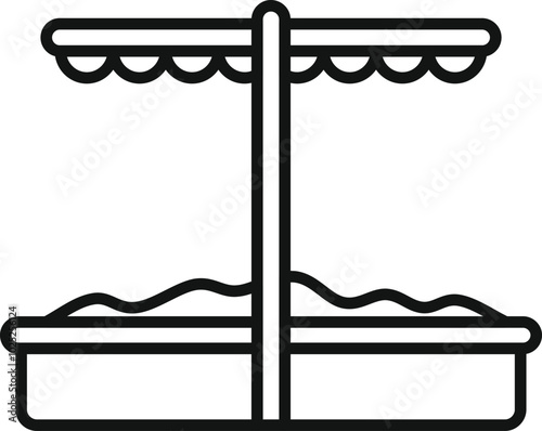 Sandbox with awning protecting children from summer sun, simple black and white vector icon