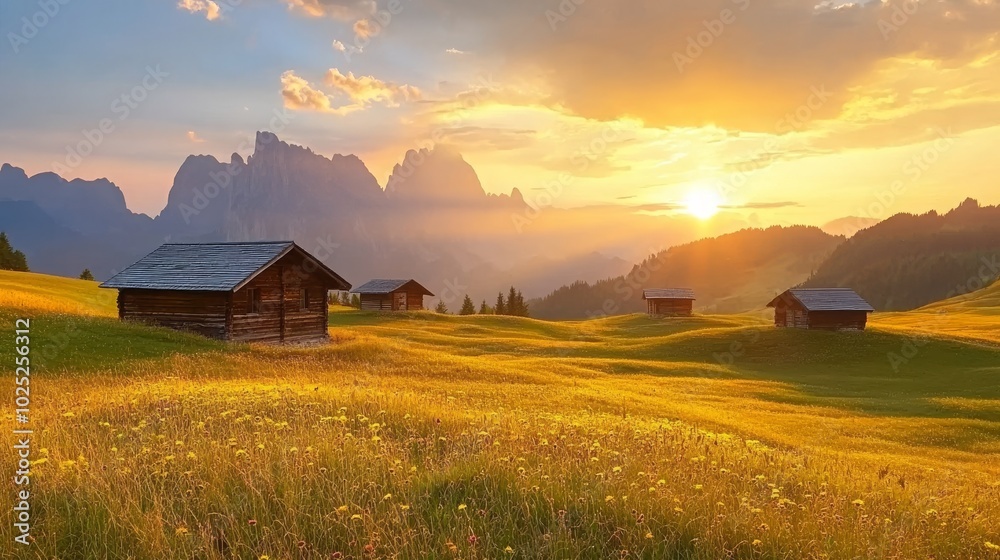 Alpe di Siusi meadow panorama with wooden cabins at sunset Alpe di Siusi meadow panorama with wooden cabins at sunset