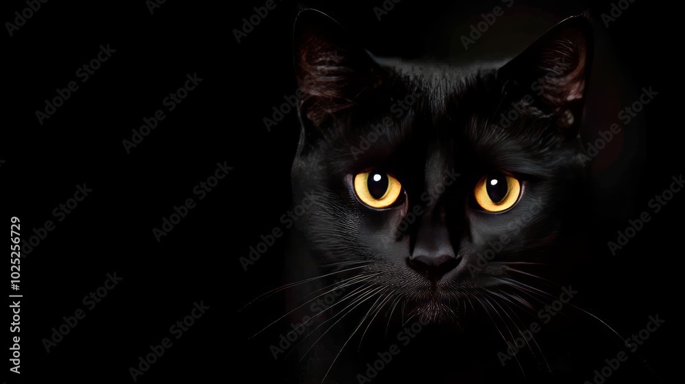 Close-up portrait of a black cat with piercing yellow eyes staring intently at the camera against a dark background. Close-up portrait of a black cat with piercing yellow eyes staring intently at the camera against a dark background.