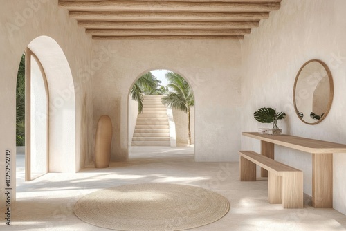 Villa Hall Interior Design Featuring White Walls  Wooden Furniture  Arched Doorways  Indoor Plants  a Wooden Console Table with a Mirror Above It  and a Round Carpet on the Floor