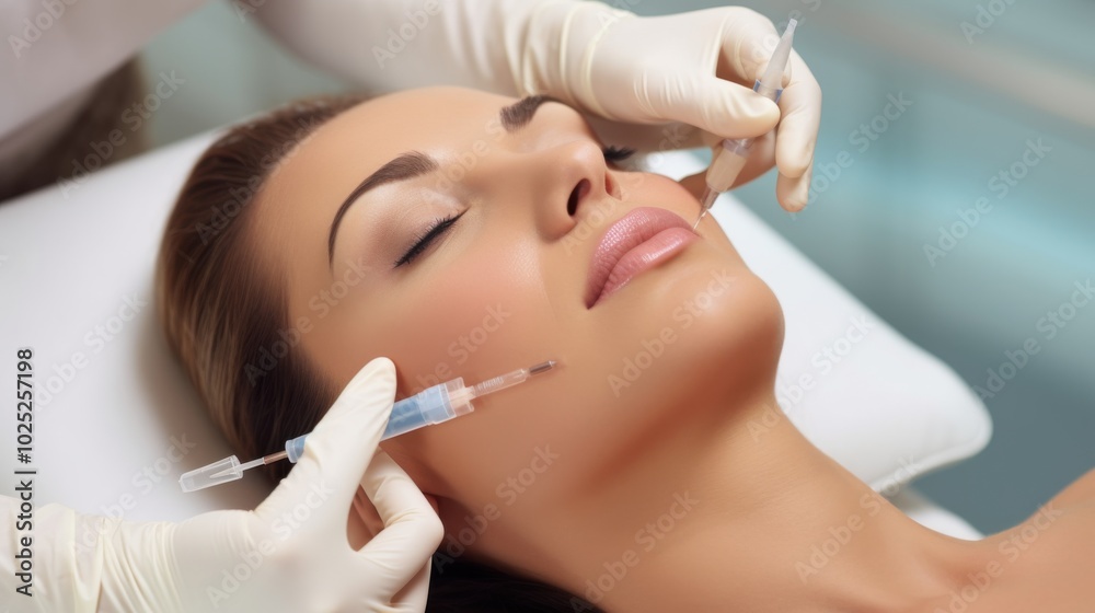 Close-up of a serene woman receiving facial injections, highlighting beauty care and the pursuit of youthful skin in a modern spa setting.