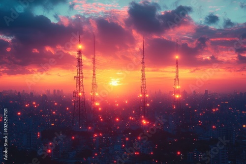 Three radio towers stand tall against a vibrant sunset sky over a city skyline.