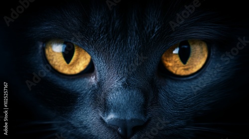 Close-up of a black cat's eyes, glowing in the dark.