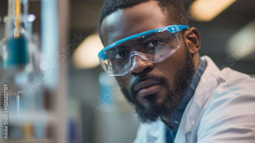 Laboratory technician in a lab coat and safety goggles working on experiments in a research facility during daylight hours