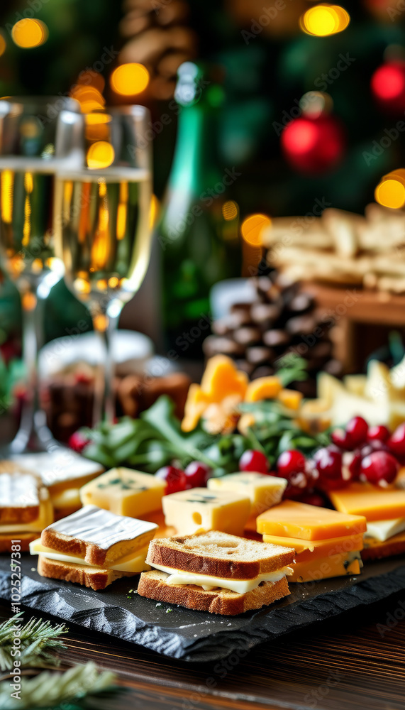 Christmas Table with Champagne and Holiday Canapés. Holiday Celebration with Champagne and Appetizers. Christmas Celebration with Champagne and Holiday Snacks Christmas Table with Champagne and Holiday Canapés. Holiday Celebration with Champagne and Appetizers. Christmas Celebration with Champagne and Holiday Snacks