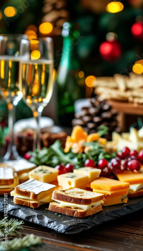 Christmas Table with Champagne and Holiday Canapés. Holiday Celebration with Champagne and Appetizers. Christmas Celebration with Champagne and Holiday Snacks