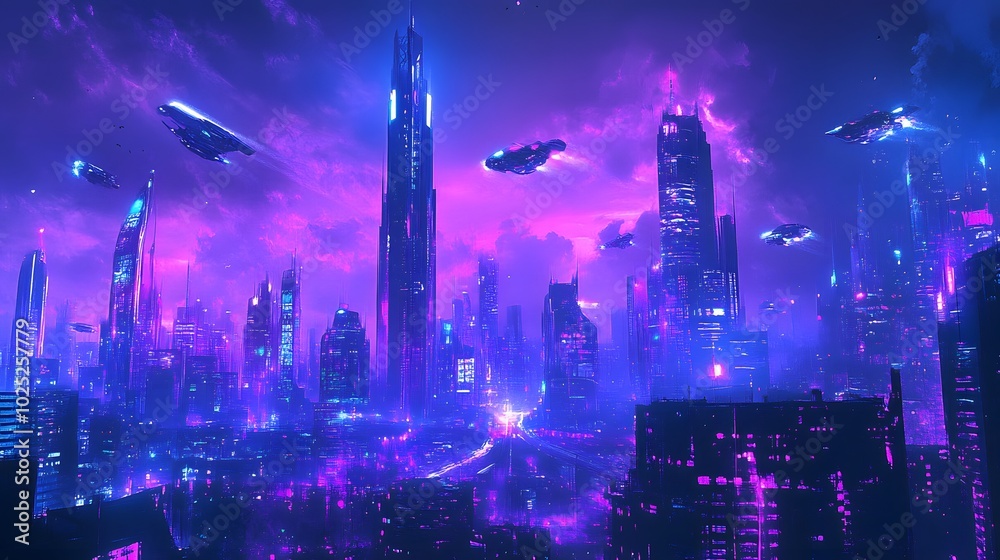 Fototapeta premium 3D rendering illustration of a futuristic background with abstract glowing purple and blue lights.