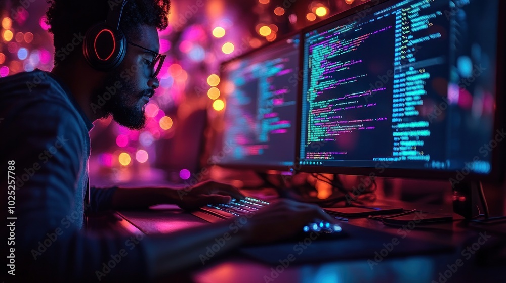 A focused young man wearing headphones works on a computer in a dimly lit room with colorful lights. A focused young man wearing headphones works on a computer in a dimly lit room with colorful lights.