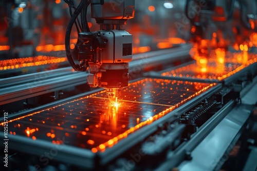 A robotic arm welds a solar panel on an assembly line. photo