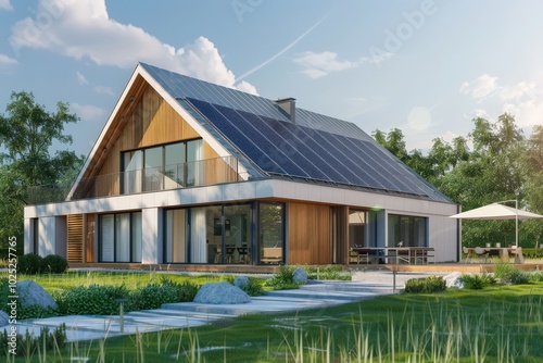 A large house with a lot of windows and a solar panel on the roof,generative ai image photo