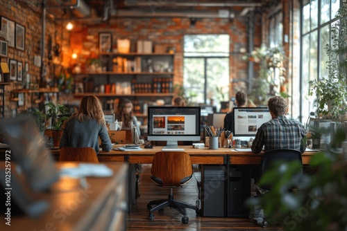 A modern, industrial-style office space with a team of professionals working on computers, showcasing a contemporary and collaborative work environment.