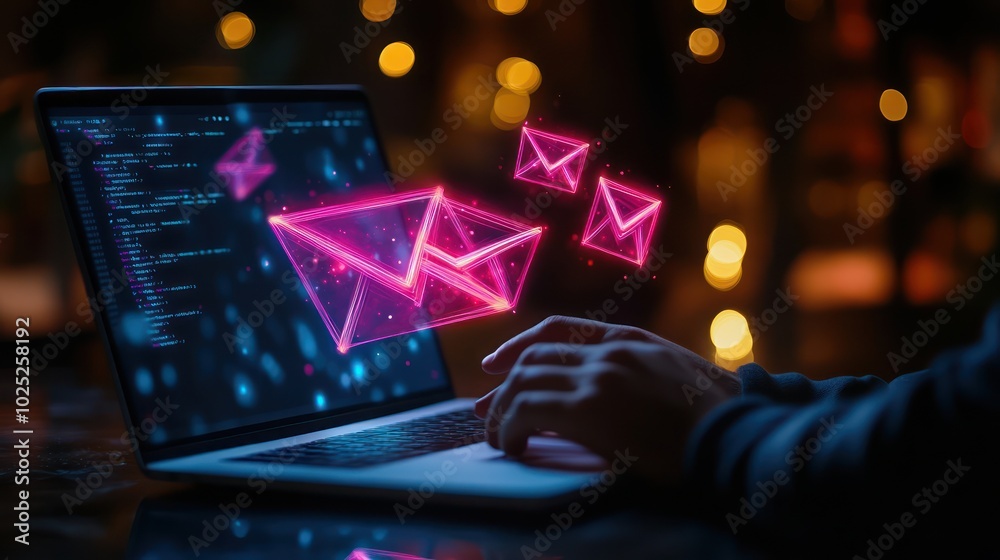 A person's hands typing on a laptop with glowing pink email icons floating above the screen. A person's hands typing on a laptop with glowing pink email icons floating above the screen.