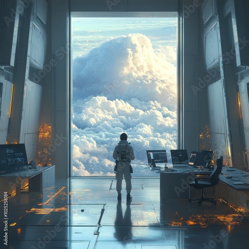 A lone astronaut stands in a futuristic control room, gazing out a massive window at a breathtaking view of clouds. photo