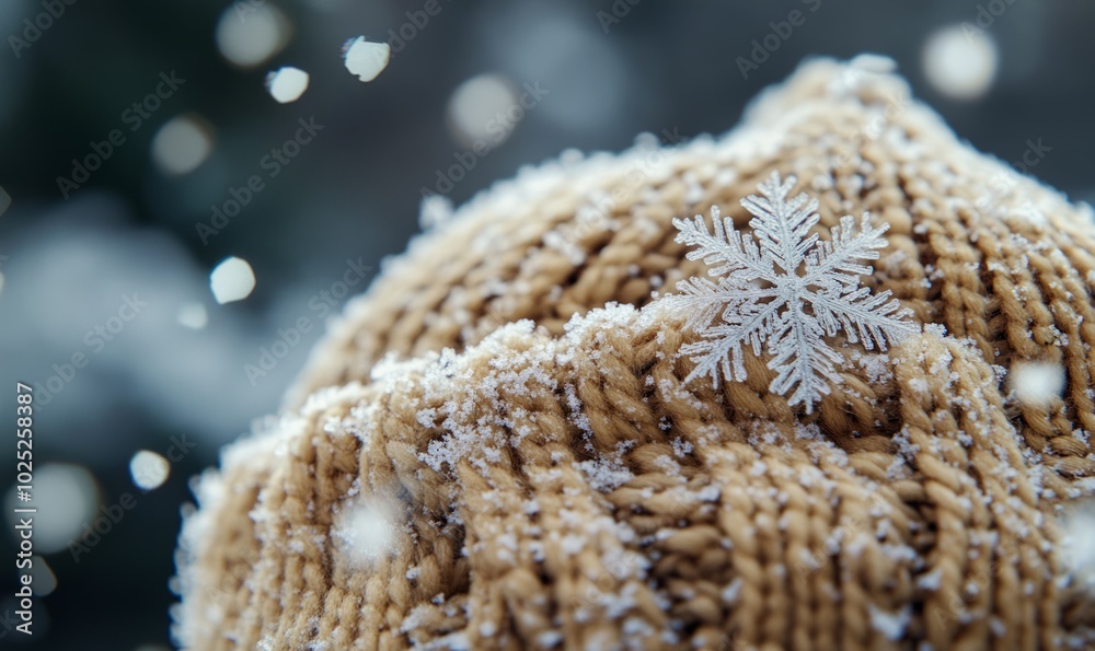 Close-up of snowflakes caught in a woolen hat, with the fine texture of the wool contrasting with the crystalline snow Close-up of snowflakes caught in a woolen hat, with the fine texture of the wool contrasting with the crystalline snow